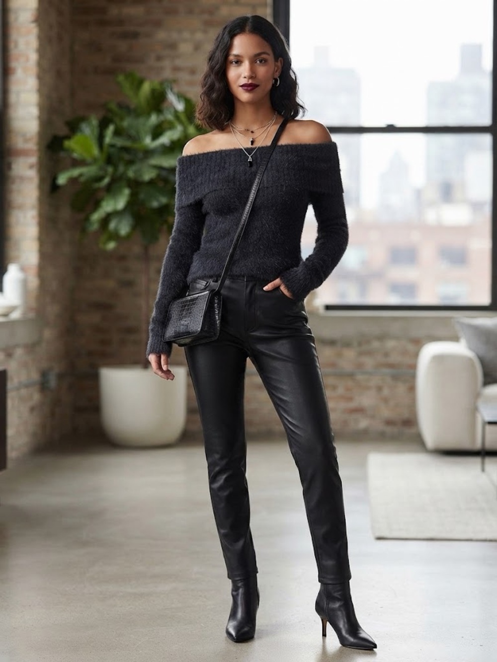Pink Rose Fuzzy Off The Shoulder Black Sweater Textured Classic Staple Medium